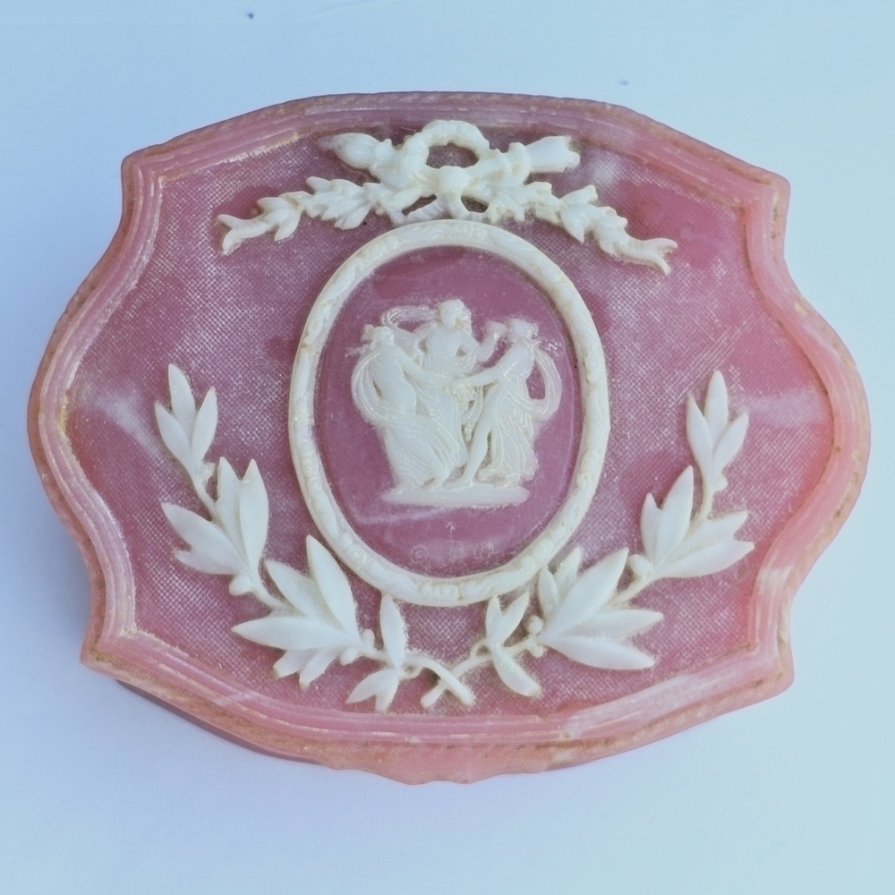 Pink Vintage Genuine Incolay Stone 3 Dancing Muses Hinged Jewelry Trinket Box